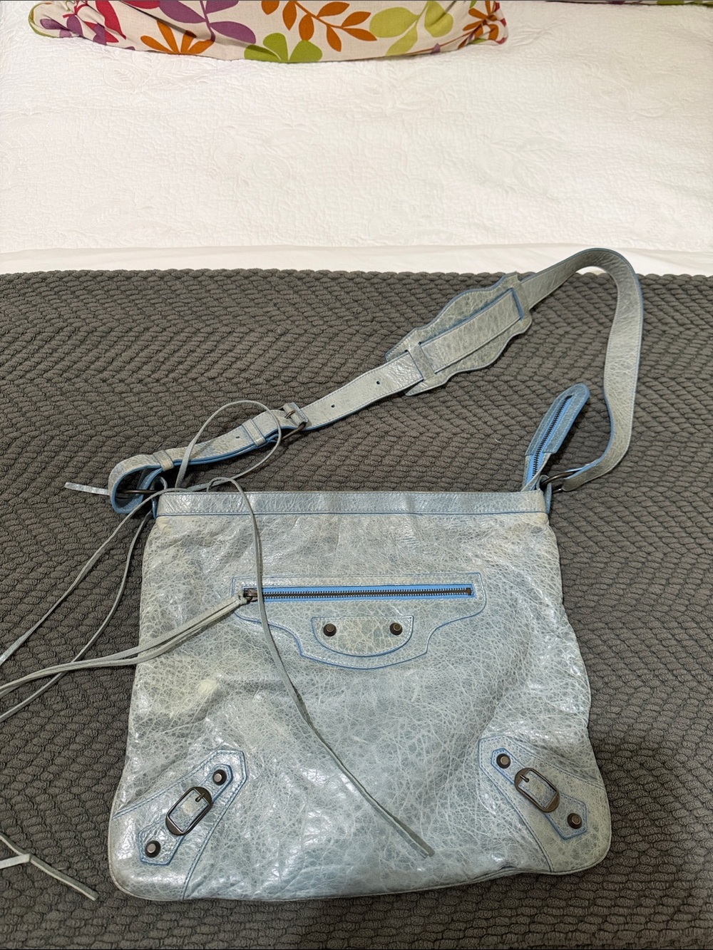 Balenciaga faded blue leather messenger bag